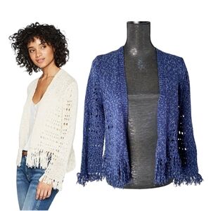525 America NWT Fringe Cardigan Open Knit Sweater In Navy Combo